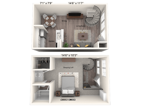 Floor plan for 1 bed, 1 bath, 700 sqft